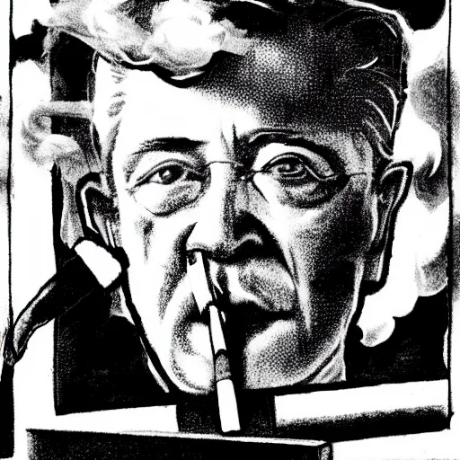 Prompt: woodcutting of david lynch smoking a cigarette, black and white