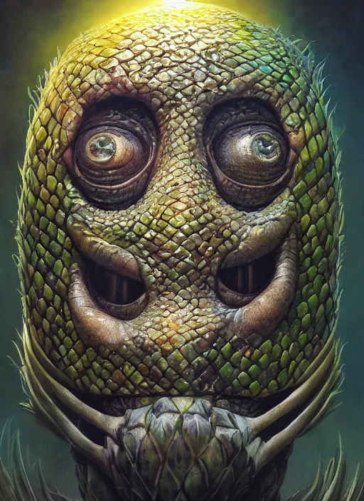 Image similar to pineapple mf doom reptile eyes, luminescent pineapple skin. intricate, elegant, highly detailed, centered, digital painting, artstation, concept art, smooth, sharp focus, illustration, artgerm, tomasz alen kopera, peter mohrbacher, donato giancola, joseph christian leyendecker, wlop, frank frazetta