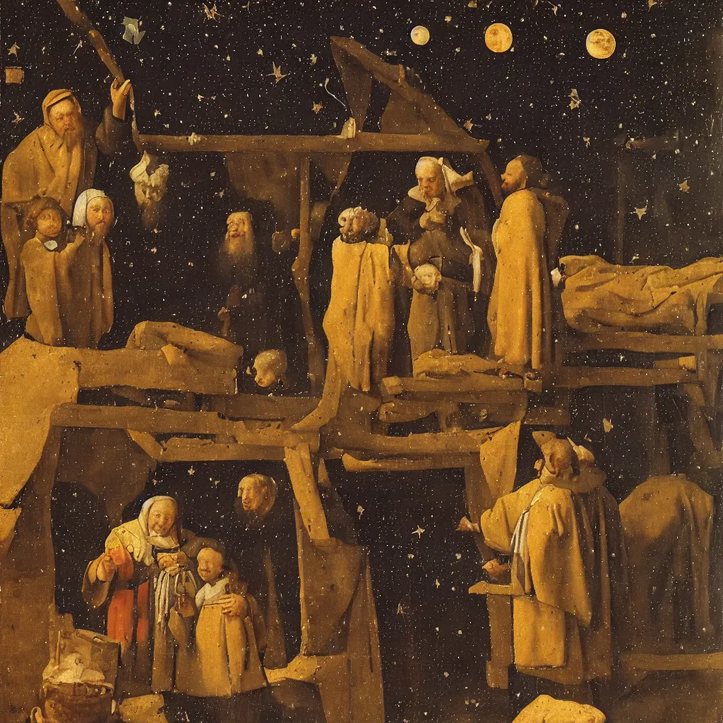 Image similar to The old teacher shows the two boys the constellations on the roof, the moon in the starry sky, medieval painting by Jan van Eyck, Johannes Vermeer, Florence