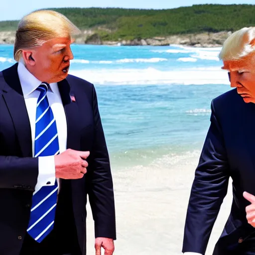 Prompt: trump and putin on a beach with a cocktail