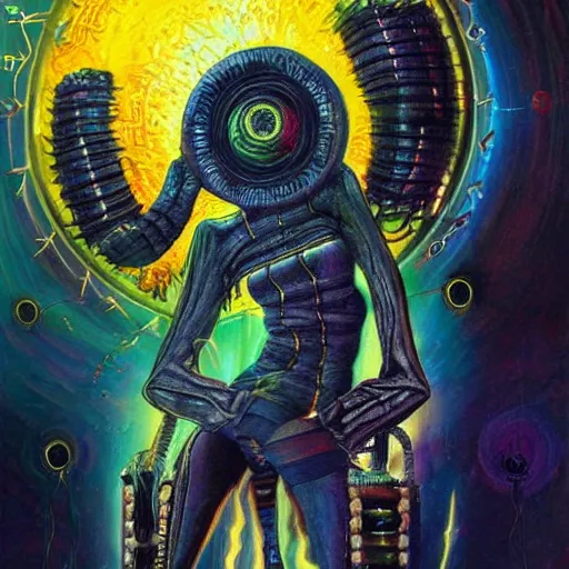 Image similar to afrofuturistic techno - mage, dark fantasy, occult, year 2 1 0 0, high - quality surrealist painting