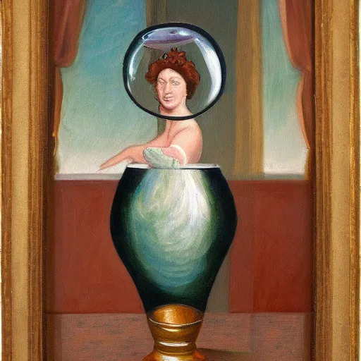 Prompt: a painting of a woman swimming inside a tall wineglass -