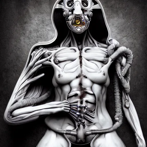 Image similar to the blasphemous caricature of the human body, cyborg, hyperealistic detailed photography, divinity, awful, religious art, cyberpunk