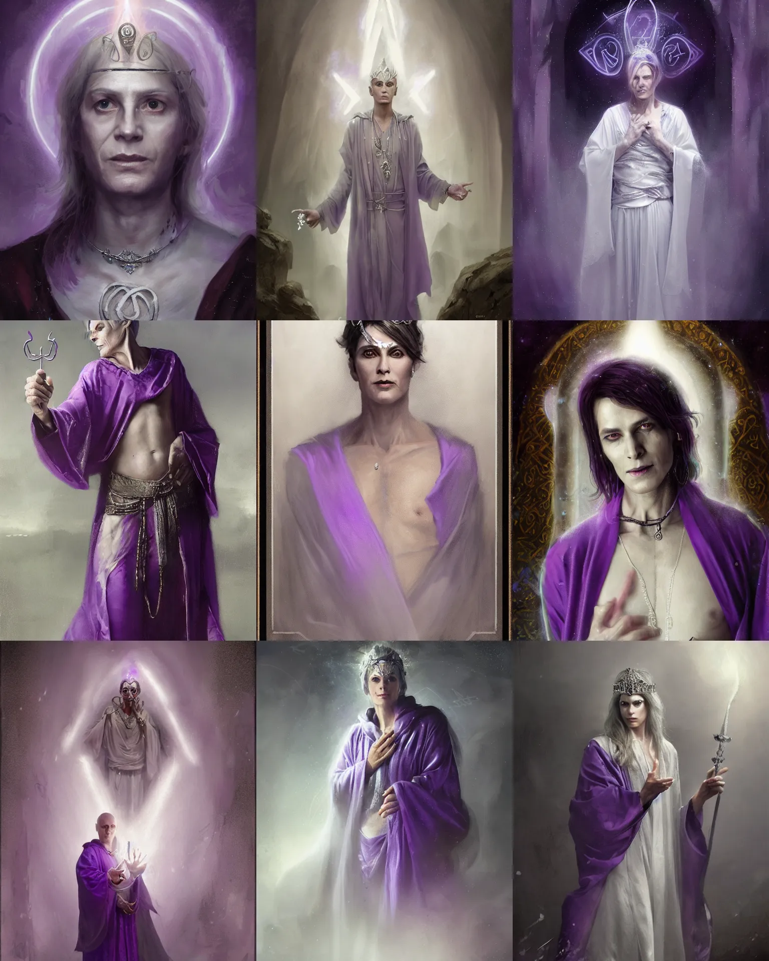 Prompt: portrait of an androgynous middle - aged divine person dressed in purple robes, wearing a silver tiara, runes, jewelry, mystical, ethereal, magical white fog, paitning by greg rutkowski