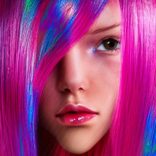 Prompt: holographic detailed minimalistic hd girl with pink oil and acrylic hair