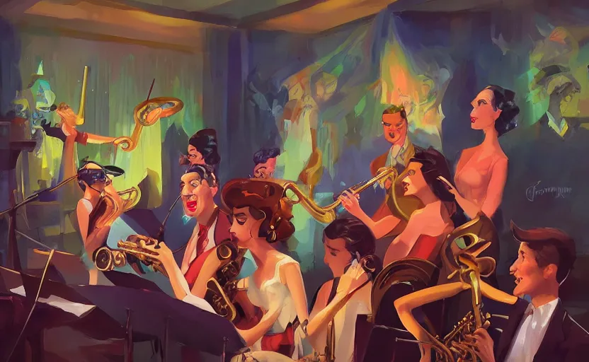 Prompt: the enchanted jazz band party with musicians and a glamorous female singer, 1 9 4 0, vintage micrphone, tenor saxophone, behance hd artstation by jesper ejsing, by rhads, makoto shinkai and lois van baarle, ilya kuvshinov, ossdraws