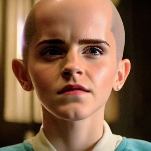 Prompt: an movie still of Emma Watson bald as eleven bald in stranger things, close up, high details,