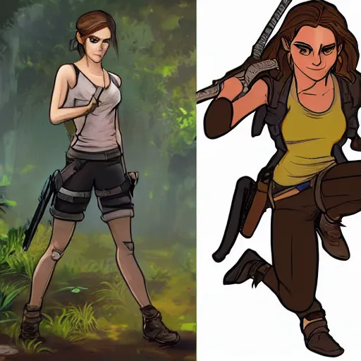 Image similar to emma watson teams up with lara croft, cartoon, rpg character, humblewood art style, concept art, fantasy