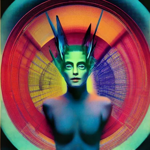 Image similar to extremely beautiful futuristic super schizophrenic psychotic prismatic superhuman, lush detail, national geographic, steichen, herb ritts, roger deakins, anne leibovitz, alphonse mucha, art deco, sharp focus, hyperrealism, greg rutkowski, psychosis, beautiful psychotic radiant madwoman, super schizophrenic superhuman, beeple, volumetric light