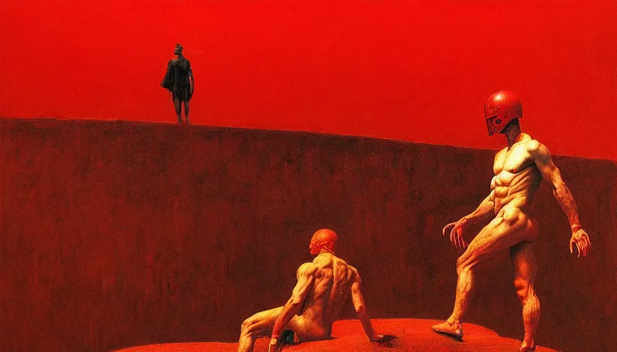 Image similar to only with red, a red gladiator in a crowded roman amphitheatre, crowd cheers him, in the style of beksinski, parts by edward hopper, parts by rodcenko, parts by yue minjun, intricate and epic composition, red by caravaggio, insane quality, highly detailed, masterpiece, red light, artstation