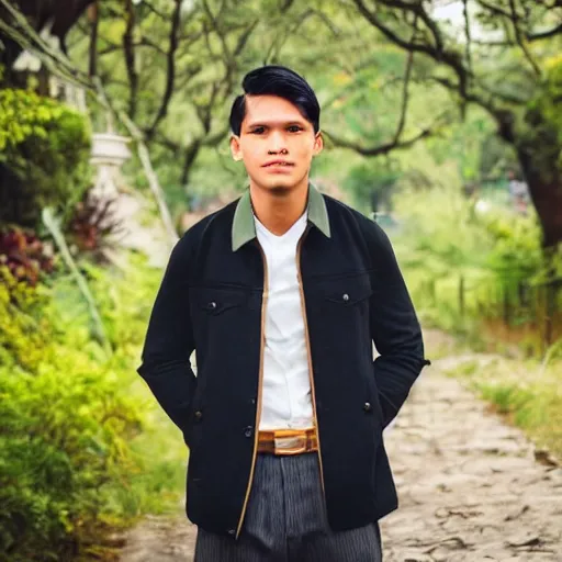 Prompt: outdoor portrait of a young man whose face looks exactly like jose rizal!!! 3 0 years old wearing stylish modern clothes, photo taken in 2 0 2 0, detailed, award winning photography