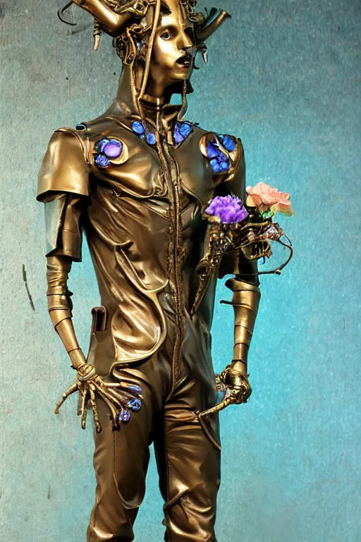 Image similar to full-body cyberpunk style bronze statue of a young handsome Spanish prince half android with a chest opening exposing circuitry and a sparking motherboard, glowing blue eyes, crown of peach roses, flowing teal-colored silk, fabric, flowers. baroque elements, human skull. full-length view. baroque element. intricate artwork by caravaggio. many many birds birds on background. Trending on artstation, octane render, cinematic lighting from the right, hyper realism, octane render, 8k, depth of field, 3D