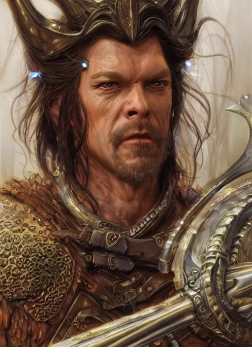Prompt: a detailed paintbrush portrait of a male fantasy character, art by donato giancola and bayard wu and gustav moreau and wayne barlowe, rpg portrait, conan, krull, 8 0's fantasy movies, dungeons & dragons, d & d, artstation