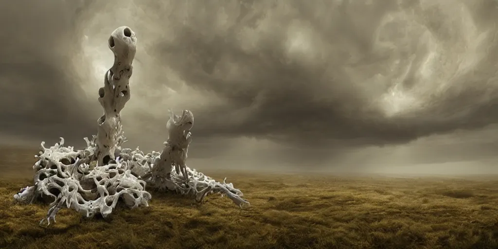 Image similar to photorealistic strange sculpture made of white bird skulls, by katrina van grouw and bruce mahalski. an epic landscape, with ominous storm clouds, a gentle rising mist. occult photorealism, uhd, amazing depth, glowing, golden ratio, 3 d octane cycle unreal engine 5, volumetric lighting, cinematic lighting, cgstation artstation concept art