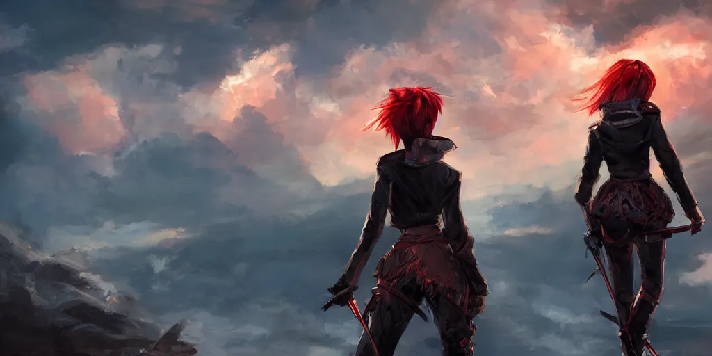 Image similar to back shot of one beautiful women in punk jacket gazing back into distance land, holding two swords. digital art by wlop. artstation contest winner, cinematic paint. lower shot. fiery dramatic cloud in background.