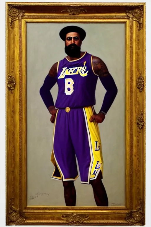 Prompt: full body portrait of the dictator of the los angeles lakers, 1 8 8 9, in full military garb, oil on canvas by william sidney mount, trending on artstation