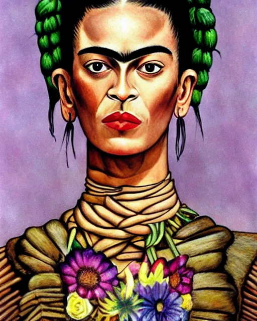 Image similar to portrait of a skinny punk frida kahlo wearing armor by simon bisley, john blance, frank frazetta, fantasy, thief warrior, floral flowers colorful