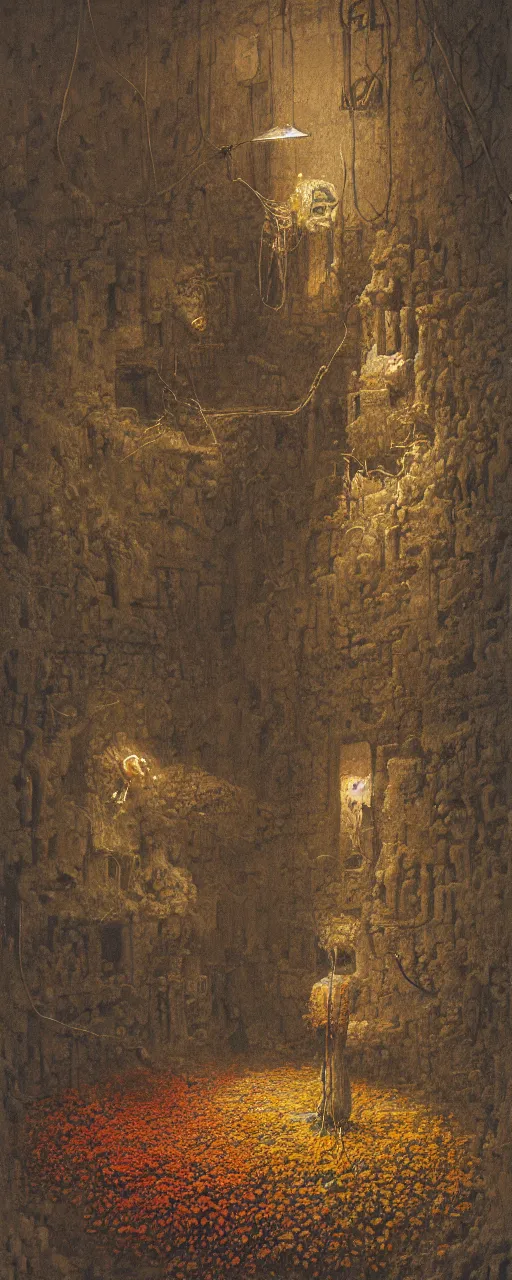 Prompt: a golemn tending to a intricate dried flower in a dungeon, zdzislaw beksinski, arthur rachham, interior, 8 k, artstation