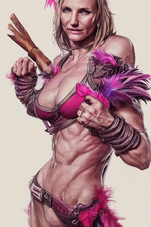 Image similar to muscled Cameron Diaz as a ruggedly handsome hero wearing pink feathers, intricate, elegant, tasteful, highly detailed, centered, digital painting, artstation, concept art, smooth, sharp focus, illustration, art by artgerm and donato giancola and Joseph Christian Leyendecker, WLOP