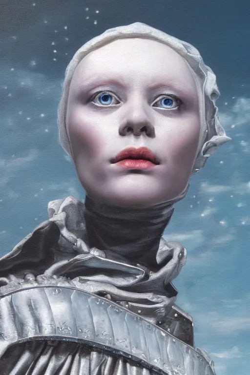 Image similar to hyperrealism oil painting, close - up portrait of albino medieval fashion model, knight, steel gradient mixed with nebula sky, in style of baroque