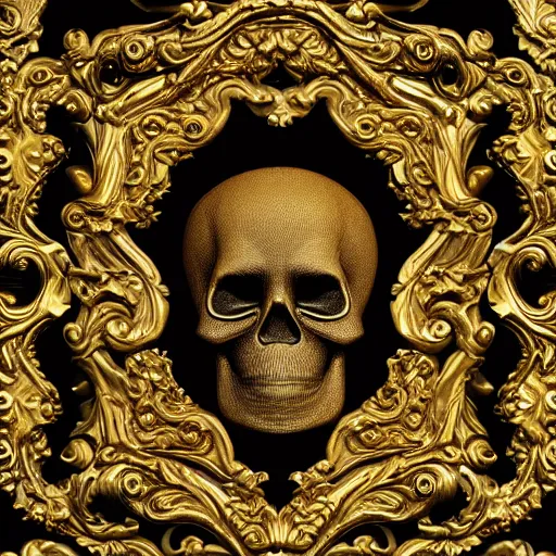 Image similar to 3d golden and black skull engraved with baroque ornaments. trending on artstation. octane render. dark art. gothic art. symmetrical artwork