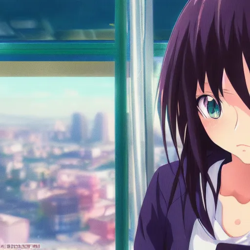 Image similar to closeup of an Anime girl in the bus station in the city of Armenia Quindio, Artwork by Makoto Shinkai, official media, 8k, pixiv, high definition, wallpaper, hd, digital artwork