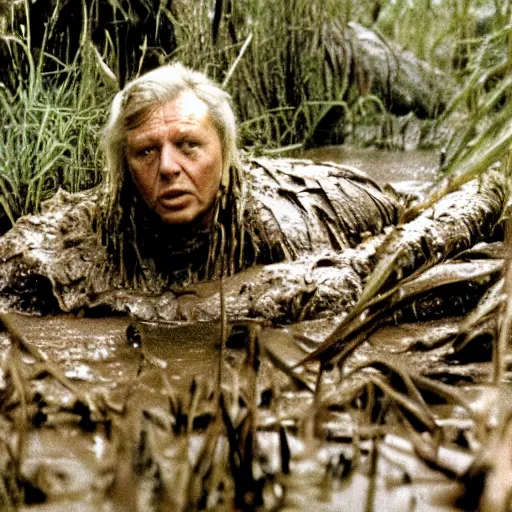 Image similar to film still of sir david attenborough as major dutch, covered in mud and hiding from the predator predator predator in swamp scene in 1 9 8 7 movie predator, hd, 4 k