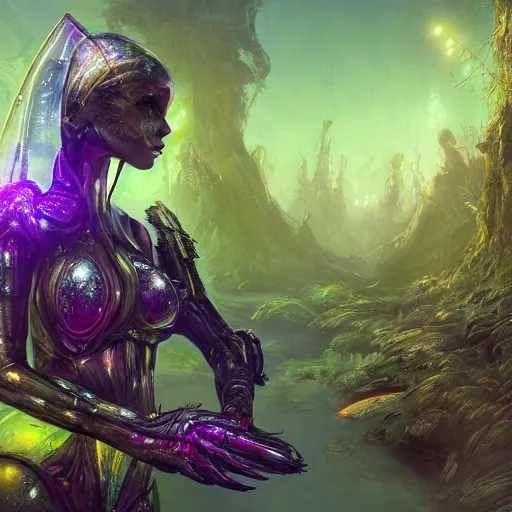 Image similar to ultra realistic illustration of android fairy, alien homeworld, swamps, snails, beautiful, advanced technology, warframe, special effects, colorful lights, space ship in the distance, intricate, highly detailed, digital painting, artstation, concept art, smooth, sharp focus, illustration, art by artgerm and tim mcburnie and anato finnstark