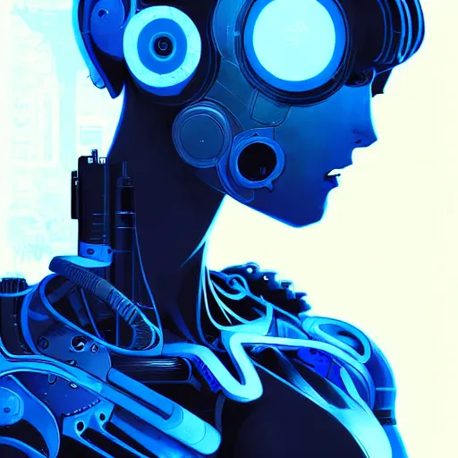 Image similar to cyborg - girl, highly detailed biomechanics, painting, dark blue and black color palette, intricate, high quality anime artstyle, in the style of ilya kuvshinov
