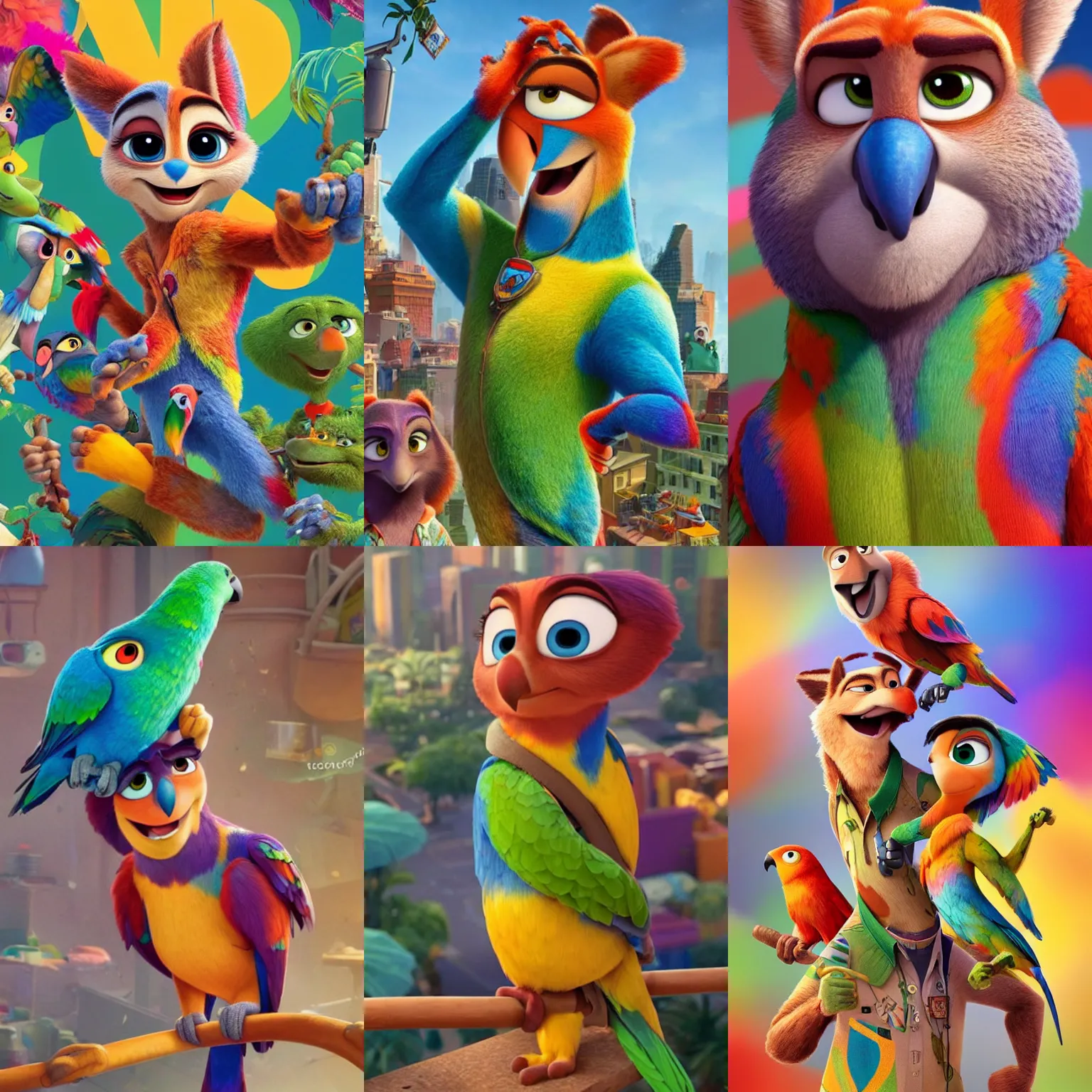 Prompt: a beautiful humanoid parrot, strong, colorful, by pixar animation studio, zootopia