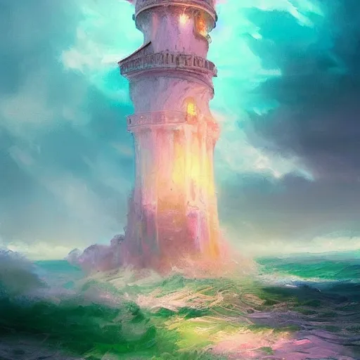 Image similar to a delicate ornate white fantasy tower with pink and green decoration splashes upwards from a turbulent ocean, dramatic lighting, rich colors, beautiful oil painting, artstation