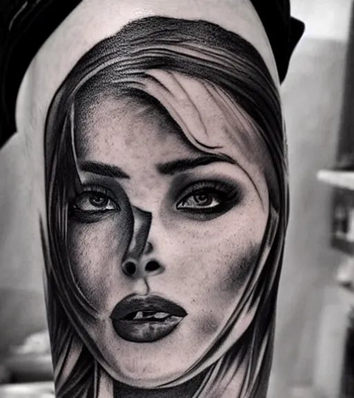 Image similar to amazing blend effect of beautiful mountain scenery with a beautiful woman face, tattoo design sketch, hyper - realistic, in the style of matteo pasqualin, amazing detail, black and white