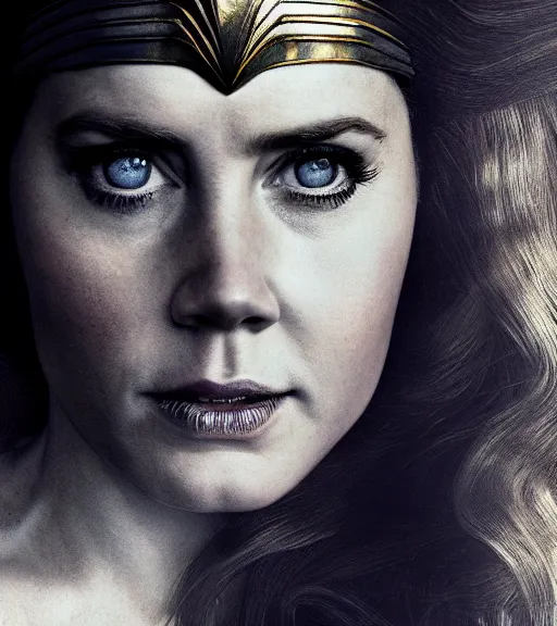 Image similar to a potrait of Amy Adams potrayed as Wonder Woman, Directed by Zack Snyder, Christopher Nolan, Sam Raimi, 8k photorealistic, cinematic lighting, HD, high details, dramatic, trending on artstation, above view, dark atmosphere,