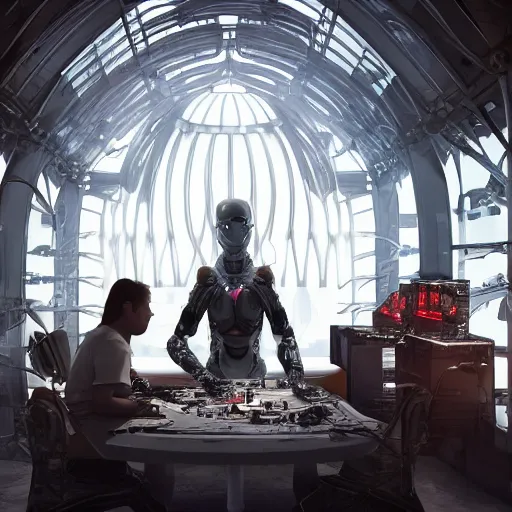 Image similar to !dream fantasy cyborg human hybrid giant sitting at a table inside the depths of futuristic citadel, amazing 8k character concept art, conservatory biolab, fineline detail, cinematic quality, vray 8k render
