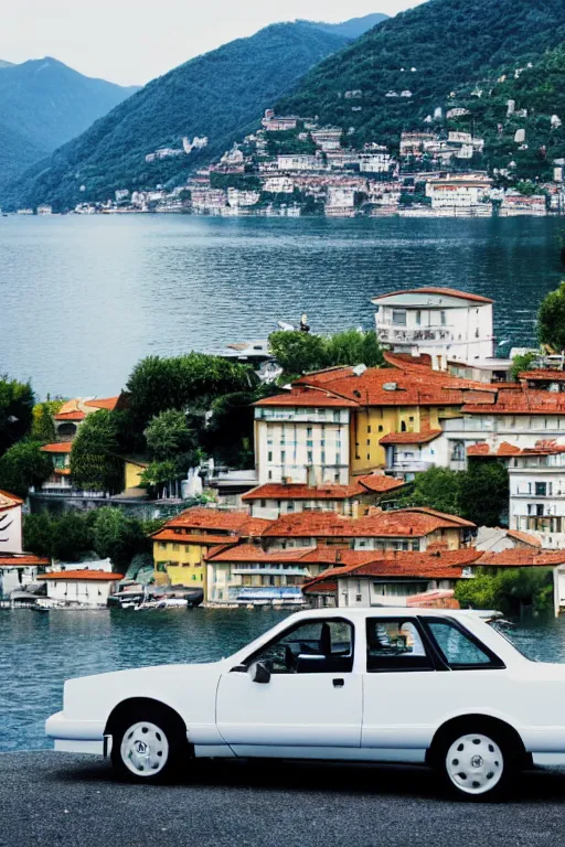 Prompt: Photo of a white 1997 Ford AU Falcon parked on a dock with Lake Como in the background, wide shot, daylight, blue sky, summer, dramatic lighting, award winning, highly detailed, 1980s, luxury lifestyle, fine art print, best selling.