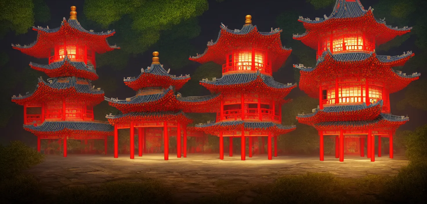 Image similar to a traditional chinese building in the forest at night, big round glowing multicoloured portal house, central symmetrical composition, incredible, vector art, octane render, fabulous, hyper detailed, random cinematic view, no noise, global illumination, warm lighting, volumetric, godrays, vivid, beautiful, by jordan grimmer