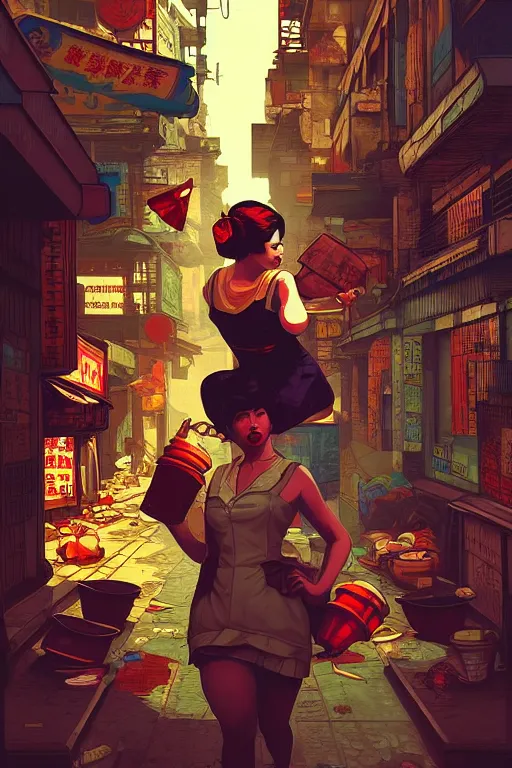 Prompt: slum neighbourhood. pop art, pixel, bioshock art style, gta chinatown art style, dynamic composition, sharp focus, intricate details, elegant, aesthetic, warm colour, art by artgerm and richard hamilton and mimmo rottela