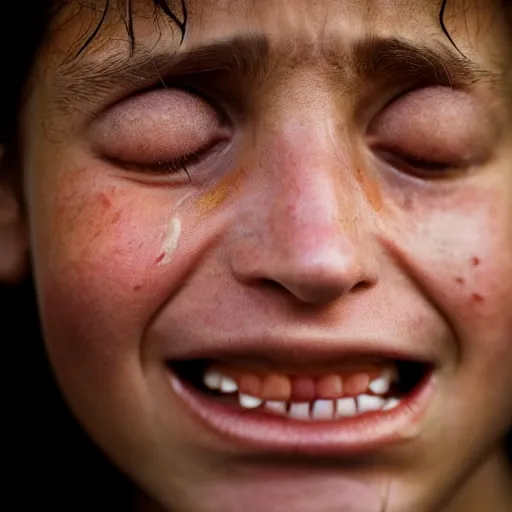 Image similar to a candid extreme closeup portrait of an expressive face of a happy in tears young woman by annie leibovitz