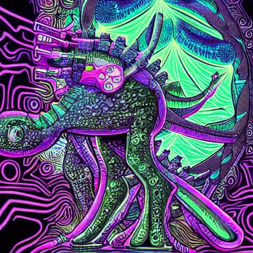 Prompt: beautiful detailed comic illustration, psychedelic fractals made of mecha dinosaurs, cyberpunk, neon