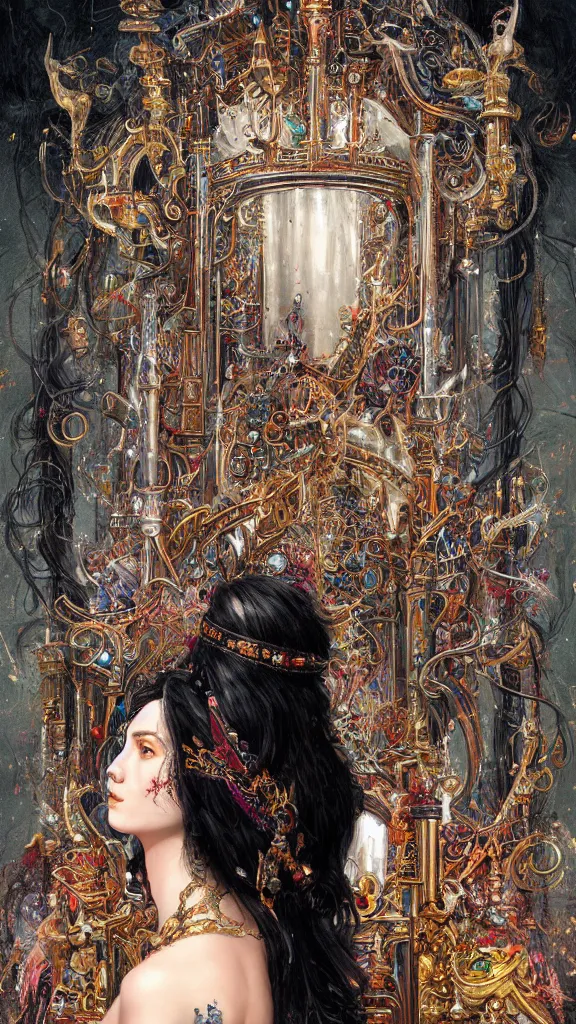 Image similar to painting of a beautiful black haired woman with pale skin and a crown on her head sitted on an intricate metal throne, illustration, artistic, colorful, hyper detailed, in the style of greg rutkowski,