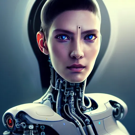 Image similar to centered portrait of an ultra detailed Mechanical Cyberpunk Female Android, looking into the camera!!, intricate, elegant, super highly detailed, professional digital painting, artstation, concept art, smooth, sharp focus, no blur, no dof, extreme illustration, Unreal Engine 5, Photorealism, 8k, cinematic, art by artgerm and greg rutkowski and alphonse mucha and loish and WLOP