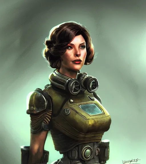 Image similar to fallout 5, concept art brunette female enclave officer portrait, concept art, comicstyle, atmospheric lighting, painted, intricate, volumetric lighting, beautiful, rich deep colors masterpiece, sharp focus, ultra detailed by jack kirby, ignacio fernandez rios, thierry doizon