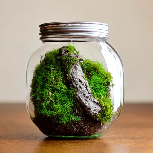 Image similar to a terrarium jar with moss and stone, tropical style