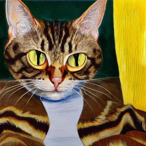 Image similar to high quality high detail painting by lucian freud, hd, brown cat with yellow eyes