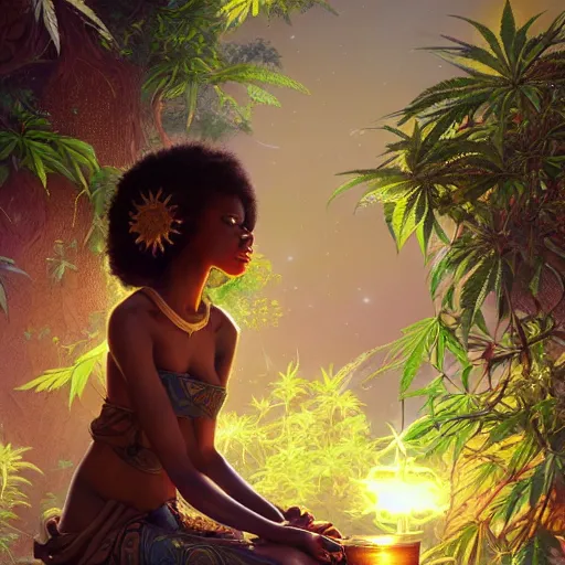 Image similar to an african marijuana!! goddess, by stephen bliss, unreal engine, fantasy art by greg rutkowski, loish, rhads, ferdinand knab, makoto shinkai and lois van baarle, ilya kuvshinov, rossdraws, tom bagshaw, moon light, radiant light, detailed and intricate environment