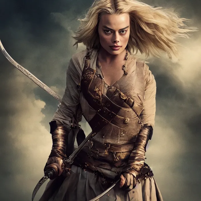 Image similar to margot robbie, holding broadsword, sword. very coherent symmetrical artwork. cinematic, high detail, octane render, 8 k