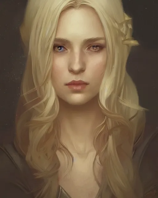 Image similar to '' Portrait of Beautiful blonde Slavic woman in her early 30’s, league of legends, LOL, fantasy, d&d, digital painting, artstation, concept art, sharp focus, illustration, art by greg rutkowski and alphonse mucha ''