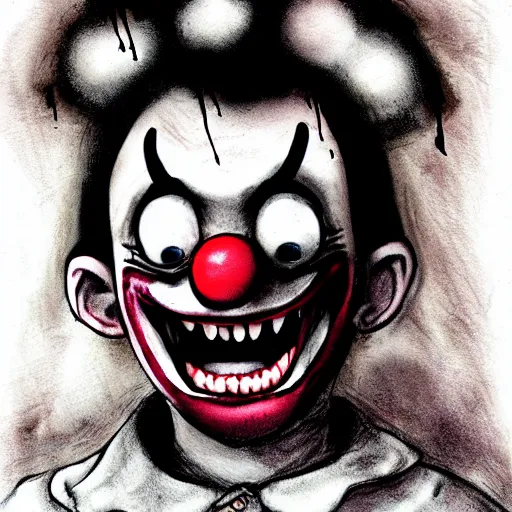 Prompt: grunge drawing of a happy clown in the style of the grudge | horror themed | loony toons style