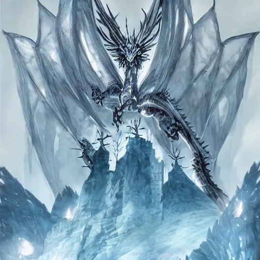 Prompt: Ice castle floating high above the ground being circled by a magnificent white scaled ice dragon, drawn by Yoji Shinkawa, water color, Dungeons and Dragons, Wizards of the Coast