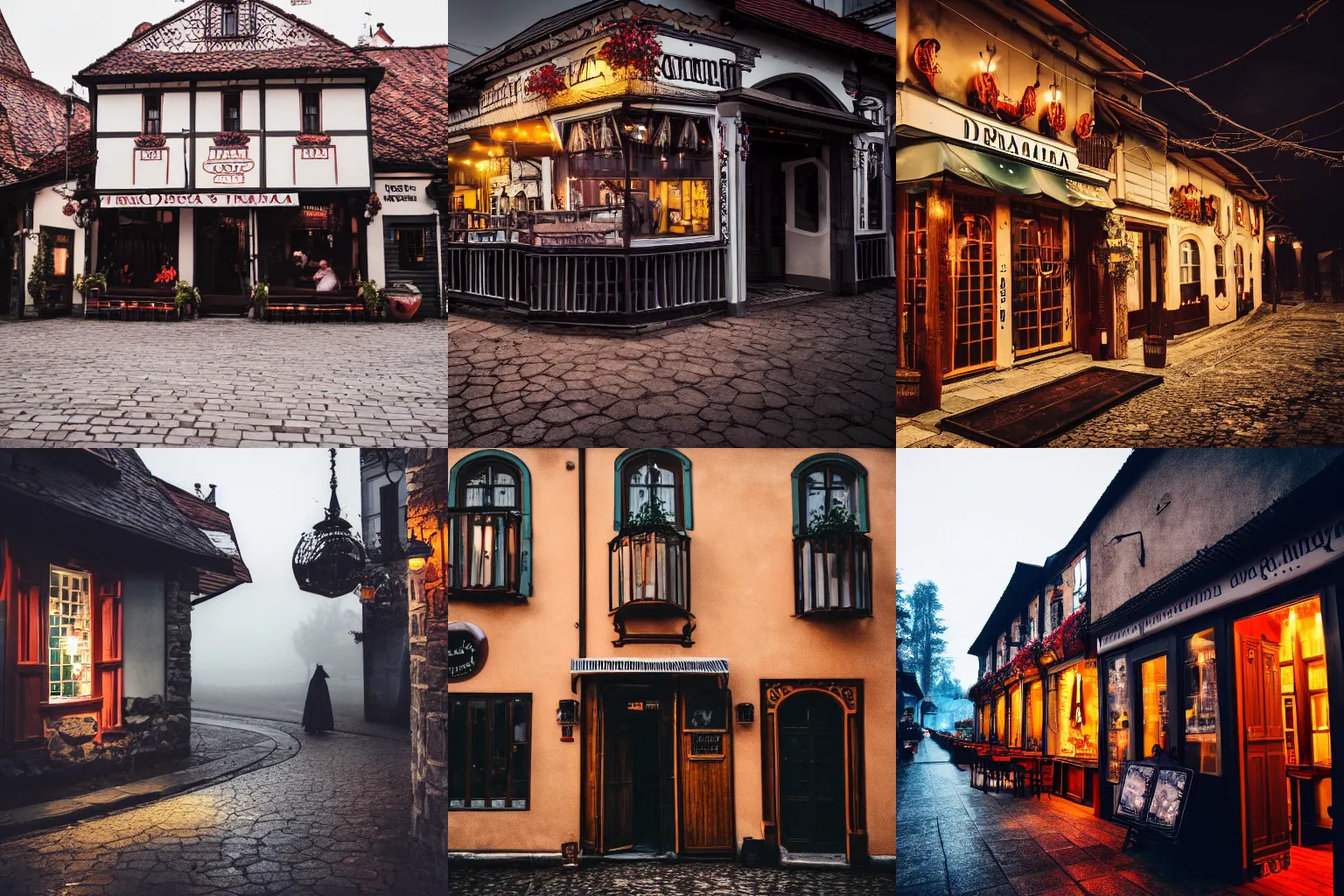 Prompt: exterior photo of dracula's trendy new coffee shop in a small transylvanian village at night, gloomy, moody, smoky, cinematic, architectural photography, 4 k, dslr